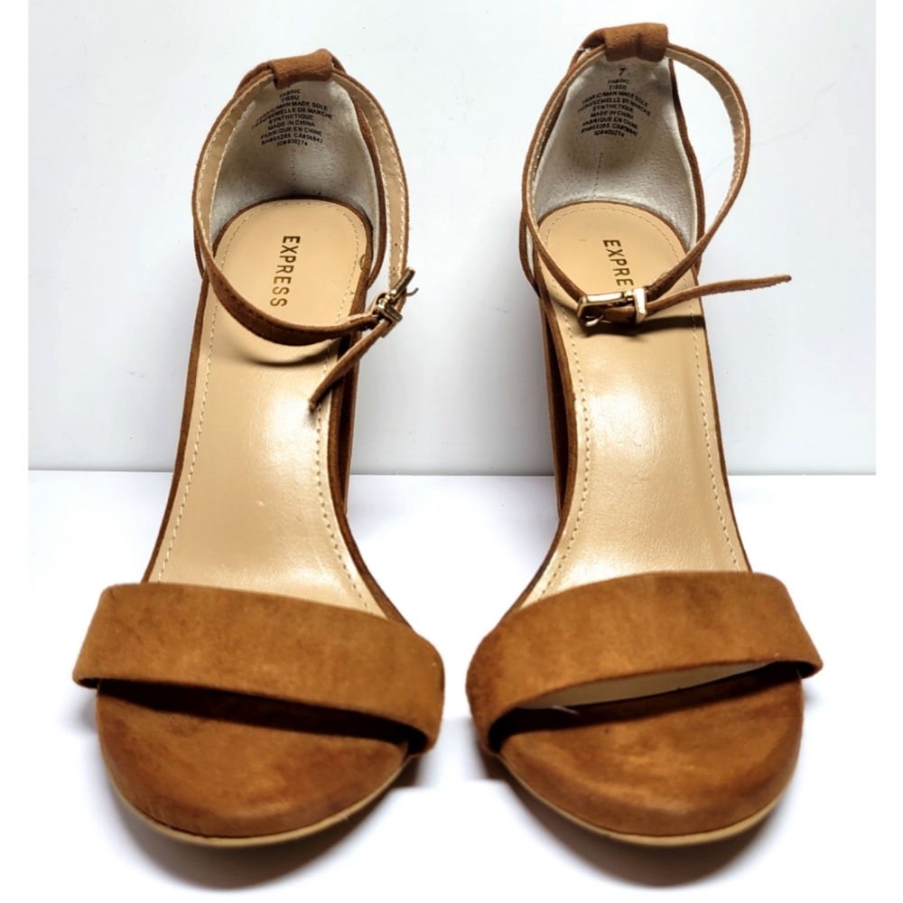 Express Womens Sandal Heel Carmel Faux Suede Chunky Ankle Strap High Size 7
